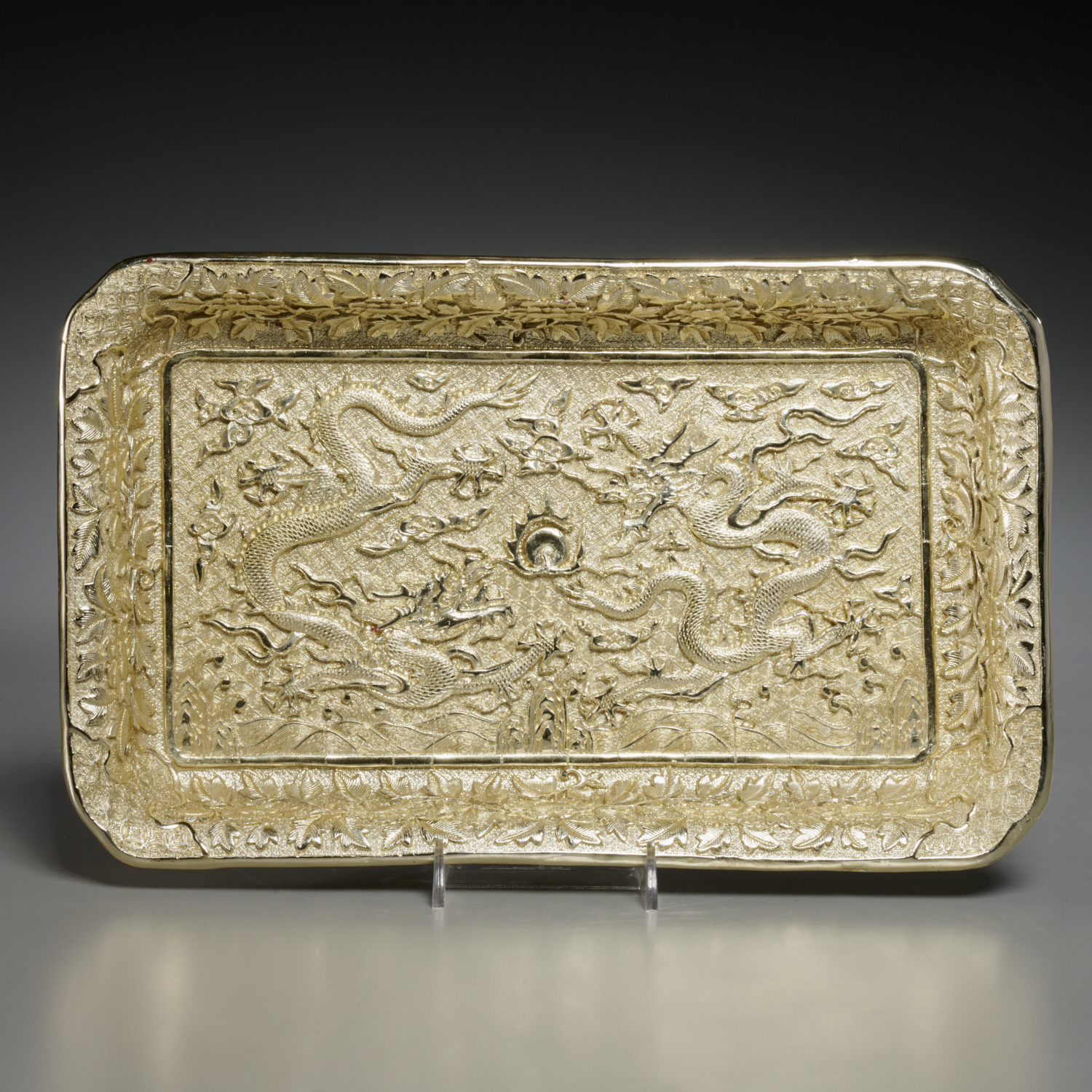 Appraisal: CHINESE SILVER OVERLAID LACQUER DRAGON TRAY Qing Dynasty th c