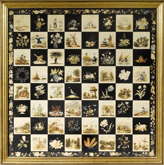 Appraisal: CHESSBOARD England th century Watercolor on paper Square board with