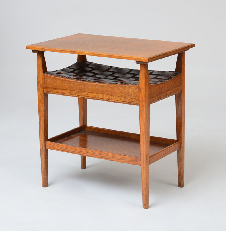 Appraisal: A W SIMPSON OAK SIDE TABLE With woven leather shelf