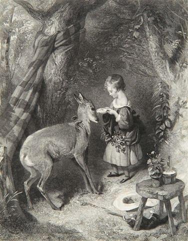 Appraisal: A TH CENTURY ENGRAVING of a girl feeding a deer