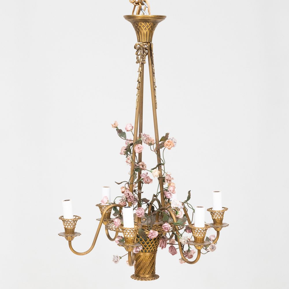 Appraisal: Continental Gilt-Metal Brass and Porcelain Six Arm Basket-Form Chandelier x