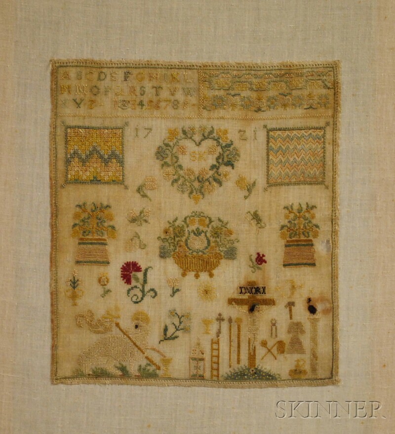 Appraisal: Needlework Sampler England initialed SK mounted on cotton with stretcher