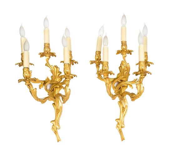 Appraisal: A Pair of Louis XV Style Gilt Bronze Five-Light Sconces