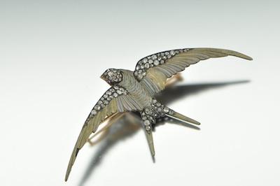 Appraisal: Antique Diamond and Enamel Swallow Brooch ca Edwardian silver yellow