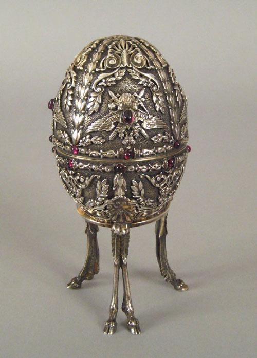 Appraisal: Russian silver and cabochon inlaid egg on stand ca bearing