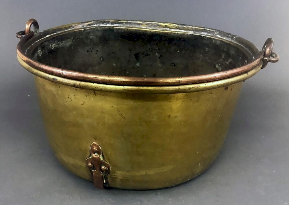 Appraisal: Brass Bucket Brass bucket D-shaped with handle h x w