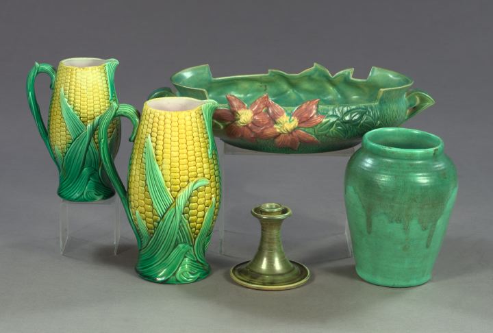 Appraisal: Two Anglo-American Polychrome-Glazed Majolica Pitchers both in Maize decor fourth