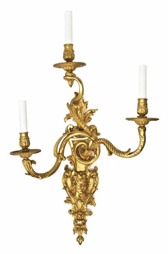 Appraisal: A Neoclassical Gilt Bronze Three-Light Candelabrum the foliate cast backplate