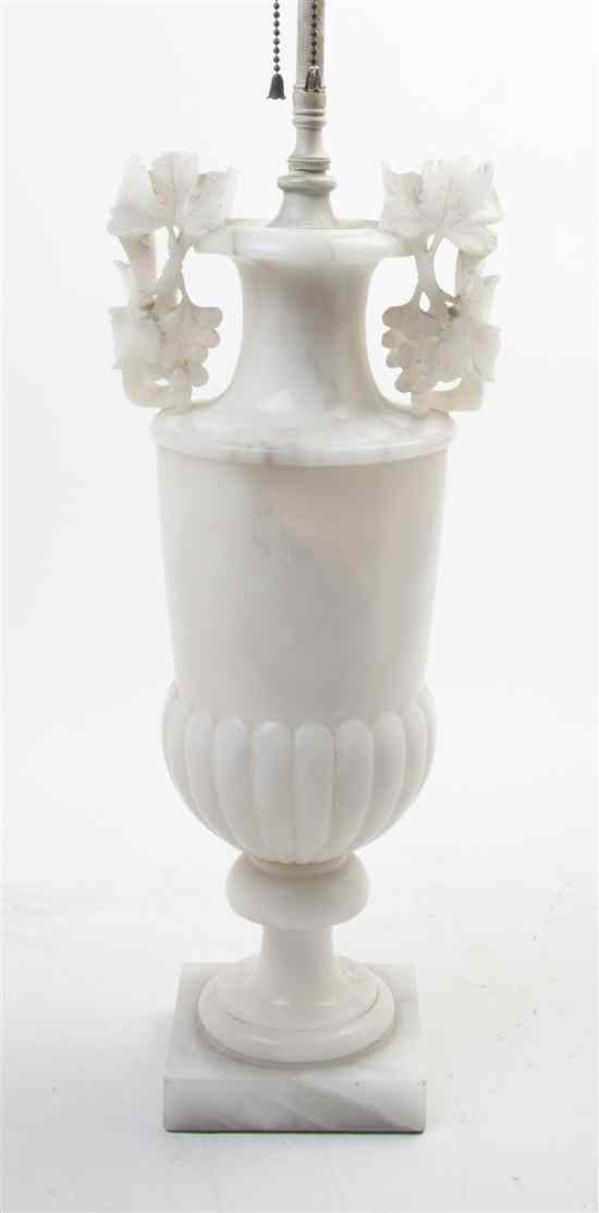 Appraisal: A Carved Alabaster Lamp of urn form with grapevine handles