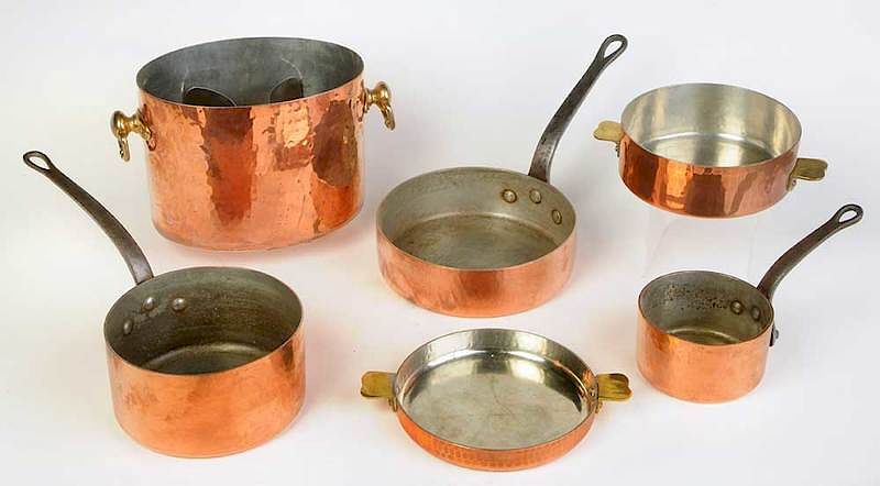 Appraisal: Six Pieces Hammered Copper Cookware th century three saucepans with