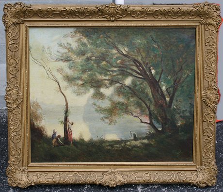 Appraisal: BARBIZON STYLE PAINTING OF FIGURES ALONG A RIVER'S EDGE OIL