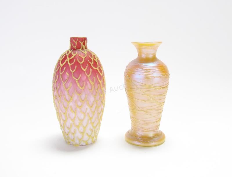 Appraisal: Two Art Glass Vases including one pink quilted with Coralene