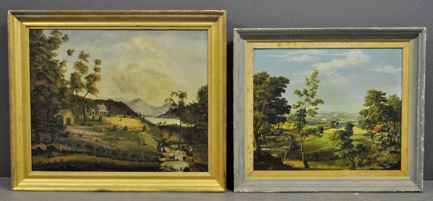 Appraisal: - Two large folk art style oil landscape paintings th