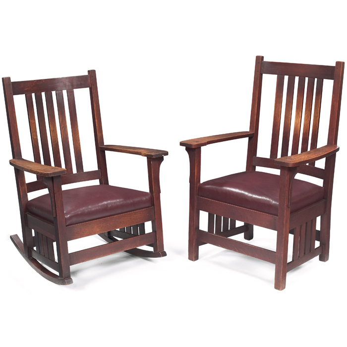 Appraisal: Charles Stickley rocker and armchair and five vertical slats at