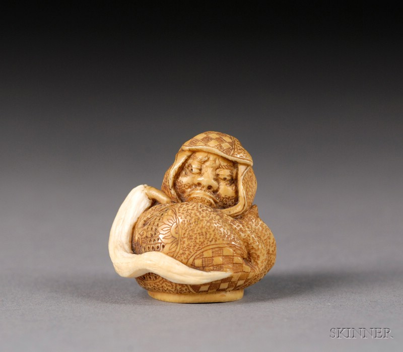 Appraisal: Ivory Netsuke scene of a sleeping Daruma holding a flywhisk