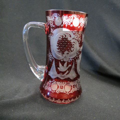 Appraisal: Bohemian Ruby Cut-to-Clear Stein deer duck castle decor excellent