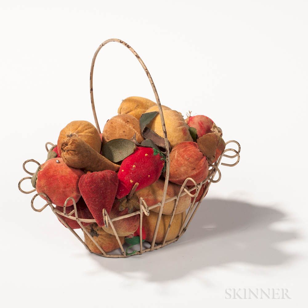 Appraisal: Small White-painted Wirework Basket of Miniature Velvet Fruit Small White-painted