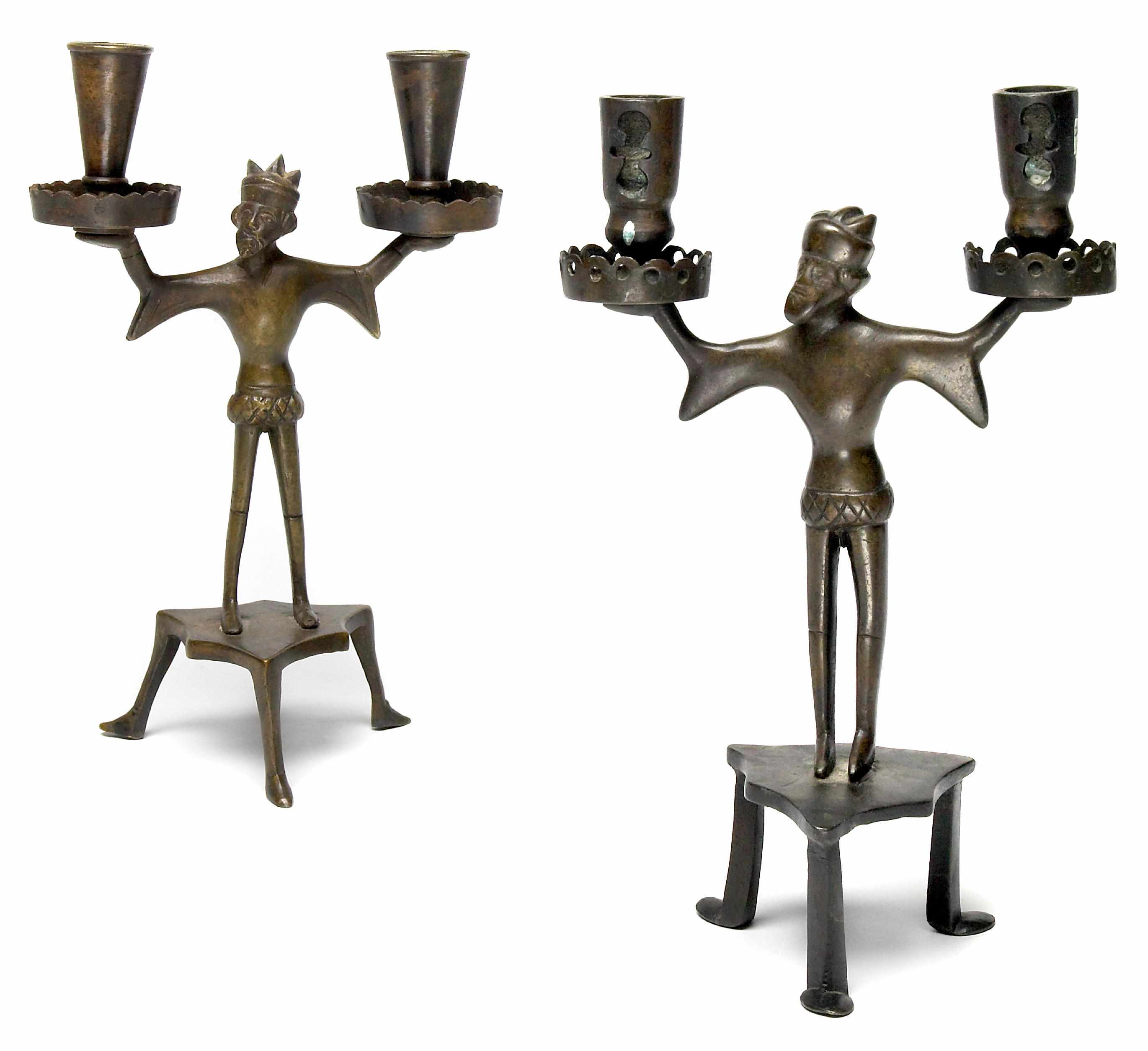 Appraisal: Two Gothic Revival bronze figural two light candelabra th century