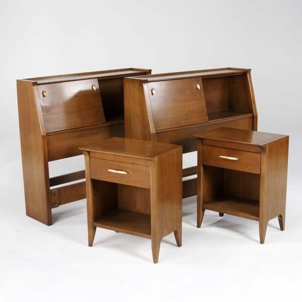 Appraisal: DREXEL Pair of walnut twin-size headboards and pair of single-drawer