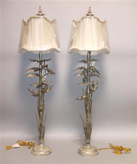 Appraisal: PAIR OF PATINATED METAL BUFFET LAMPS Each tall slender lamp