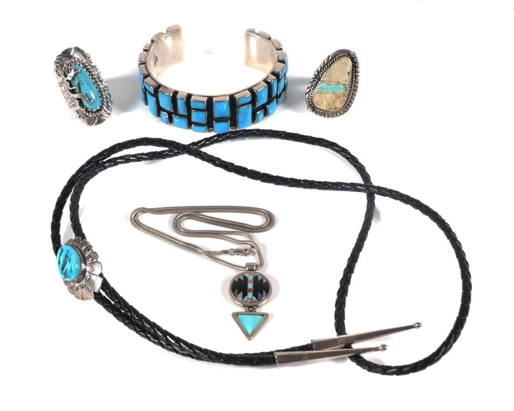 Appraisal: Five piece Native American and Mexican sterling silver and turquoise