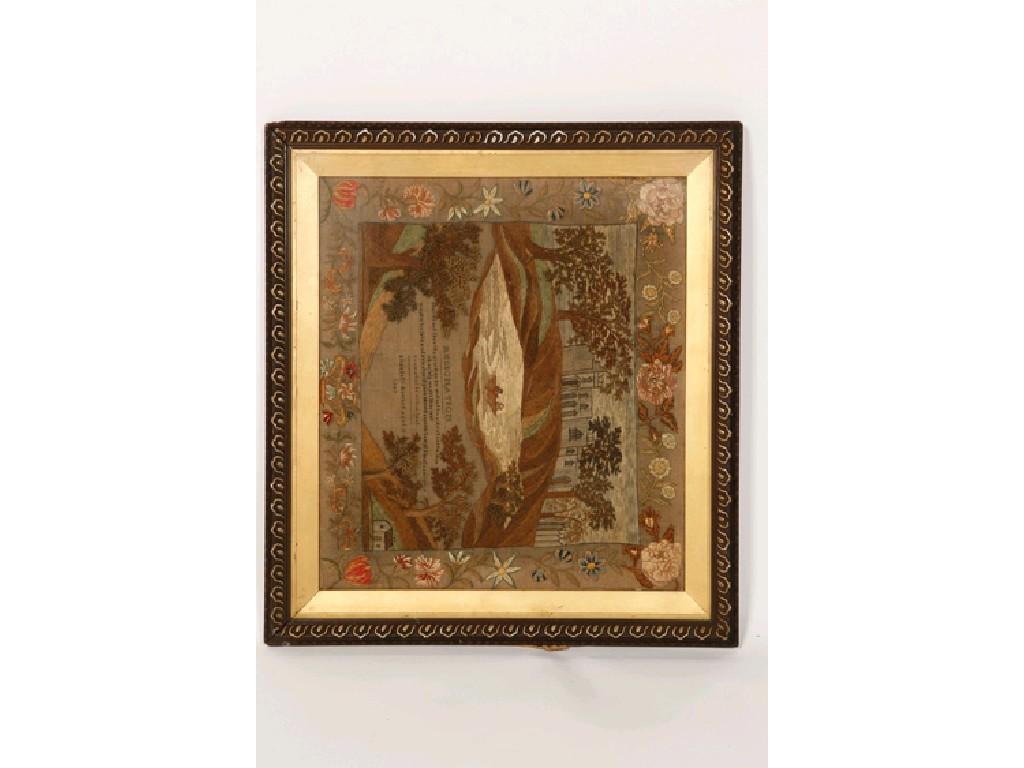 Appraisal: A VICTORIAN NEEDLEWORK SAMPLER worked with a scene of a