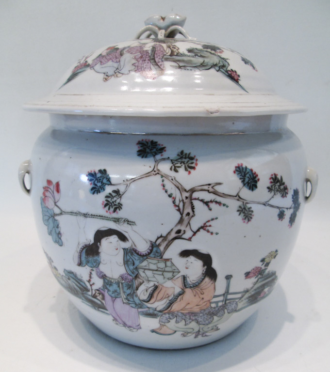 Appraisal: CHINESE PORCELAIN LIDDED JAR with a cricket lid handle and