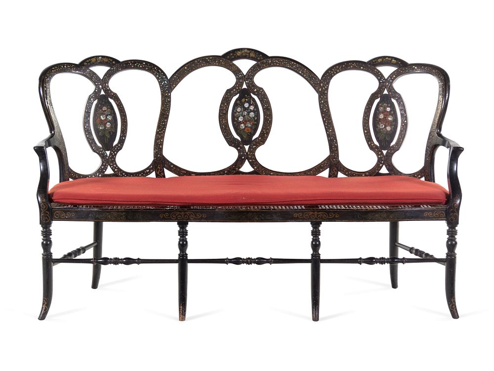 Appraisal: A French Painted and Mother-of-Pearl Inlaid Black Painted Hall Bench