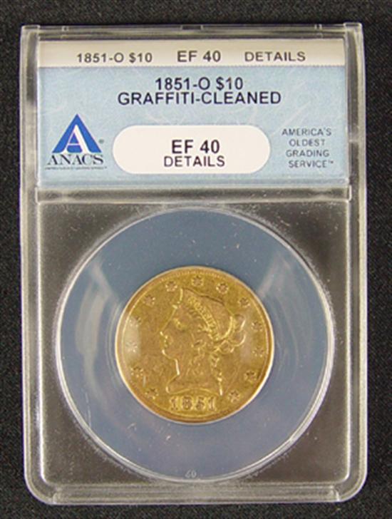 Appraisal: -O Liberty Gold Coin ANACS certified and graded XF details-Graffiti-cleaned