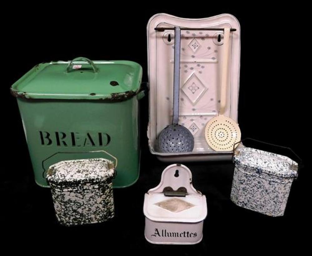 Appraisal: Five enamelware items including seafoam green bread box h x