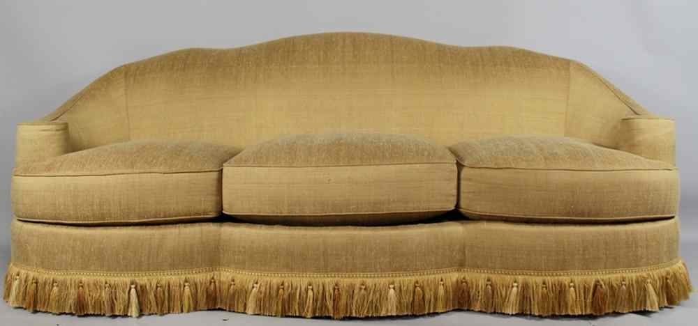 Appraisal: DREXEL HERITAGE SERPENTINE THREE SEATED JIM THOMPSON GOLD SILK UPHOLSTERED