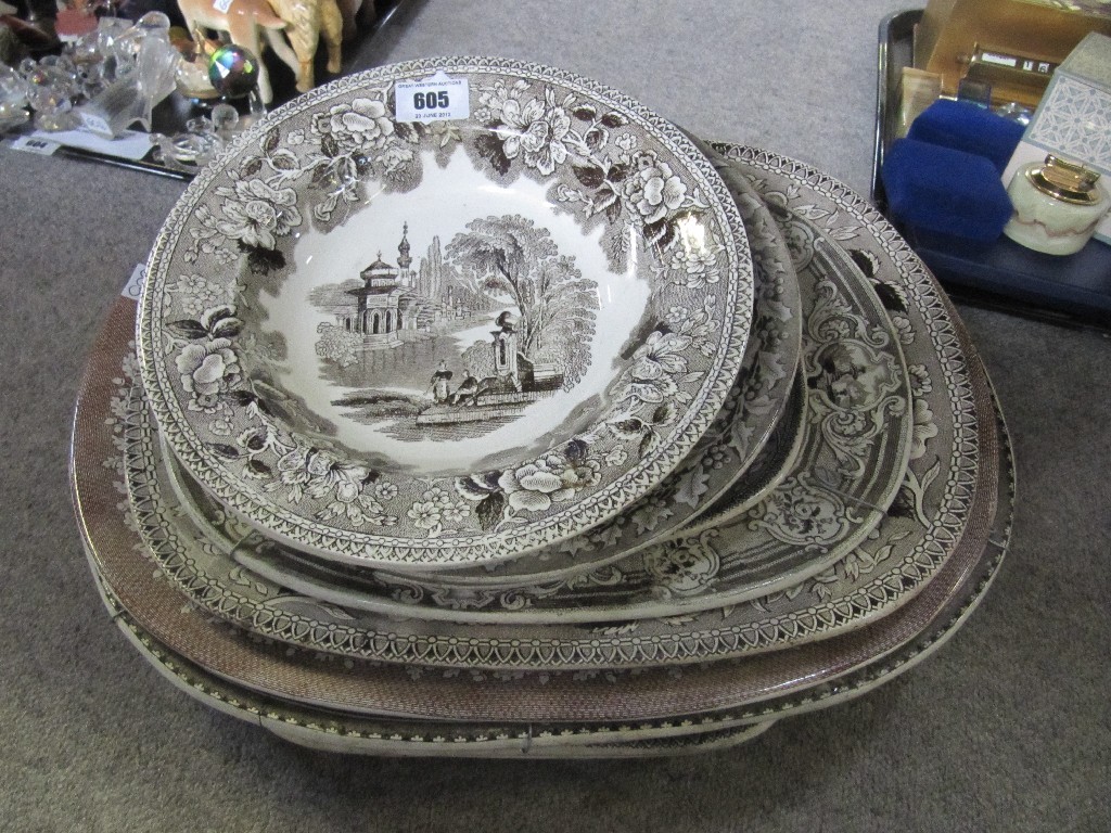 Appraisal: Various Victorian brown transfer printed ashets bowls etc