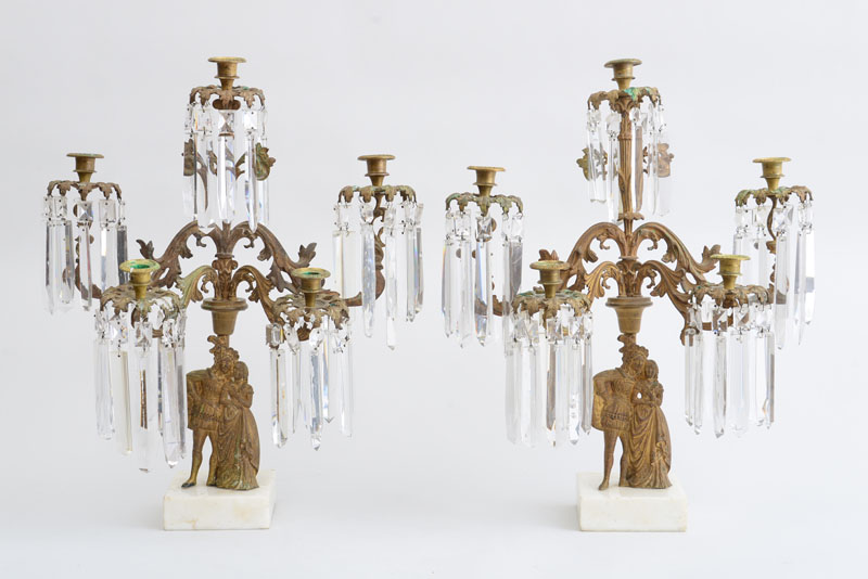 Appraisal: PAIR OF VICTORIAN GILT-METAL GLASS AND MARBLE FIVE-LIGHT CANDELABRA Each