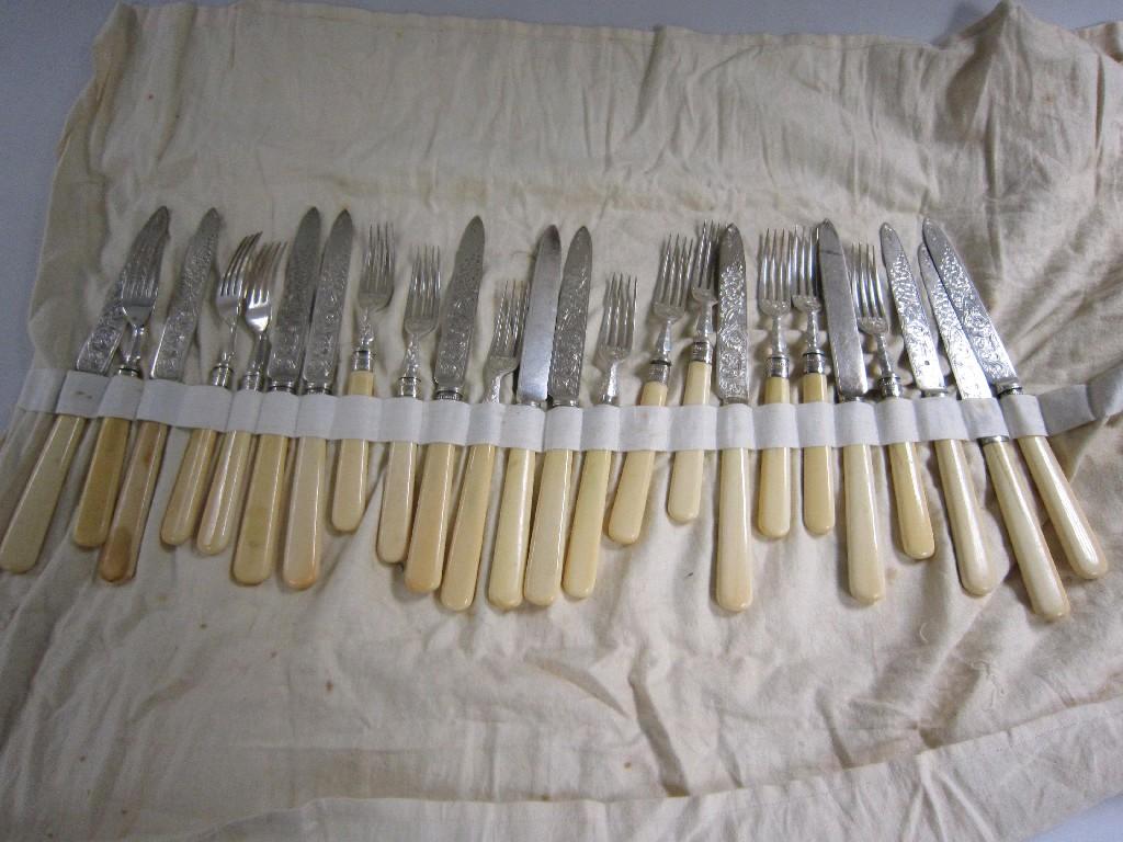 Appraisal: One dozen Victorian Dessert Knives and Forks with engraved silver