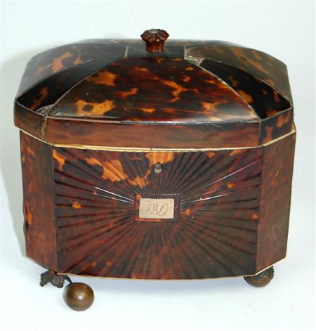 Appraisal: REGENCY TORTOISE SHELL TEA CADDY CIRCA of canted rectangular form