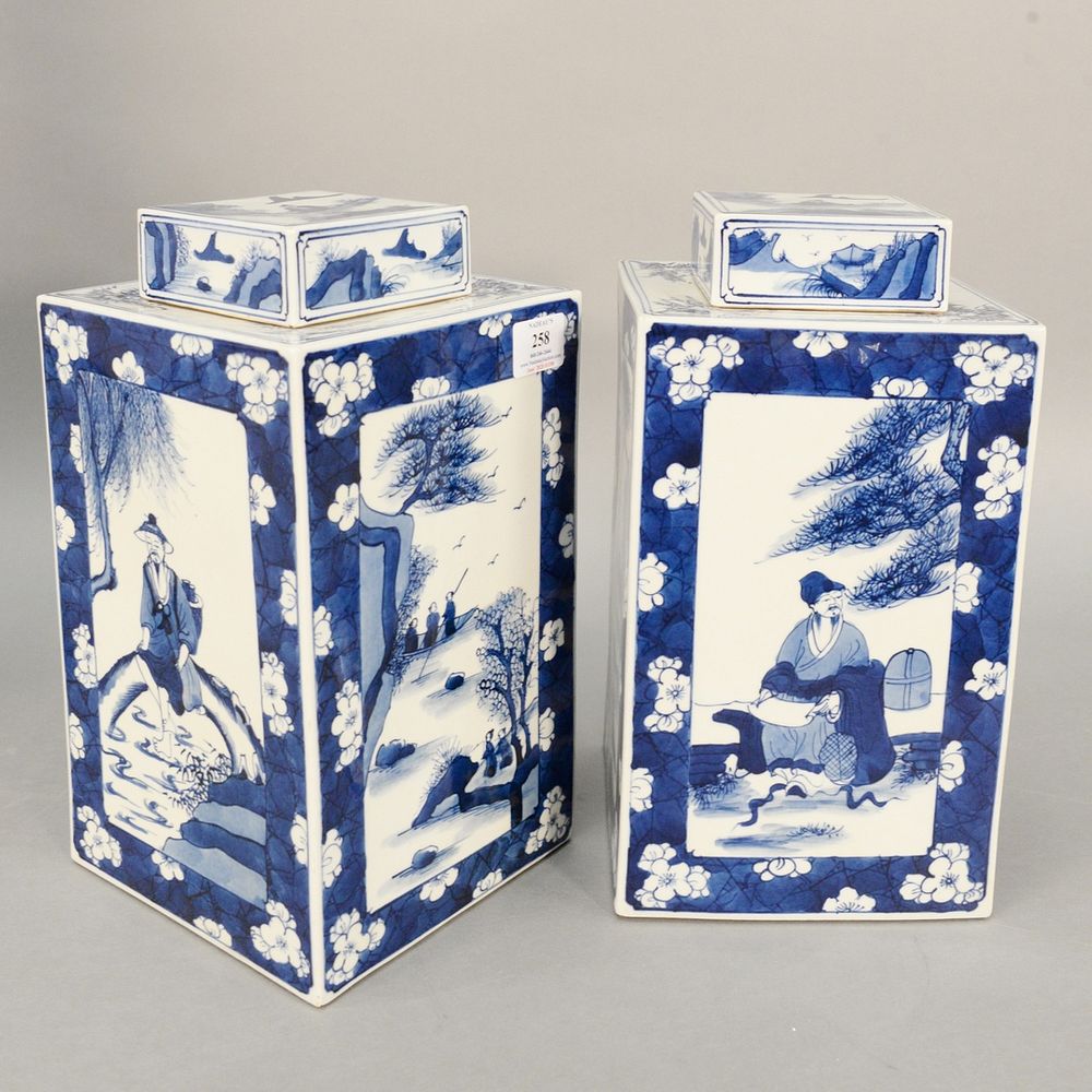 Appraisal: Pair porcelain blue and white square covered urns or tea