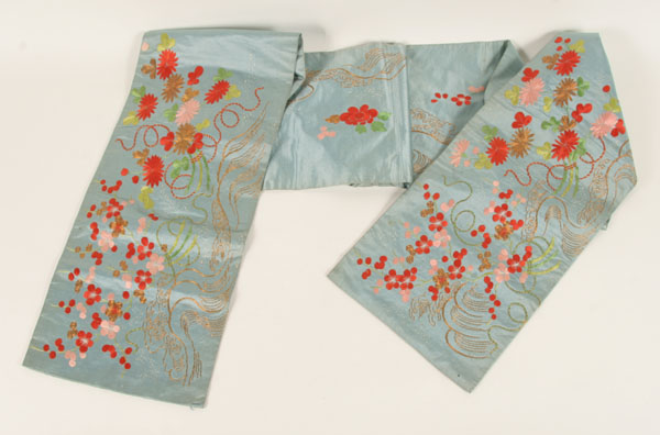 Appraisal: Japanese obi silk tapestry sash vibrant hand stitched florals on