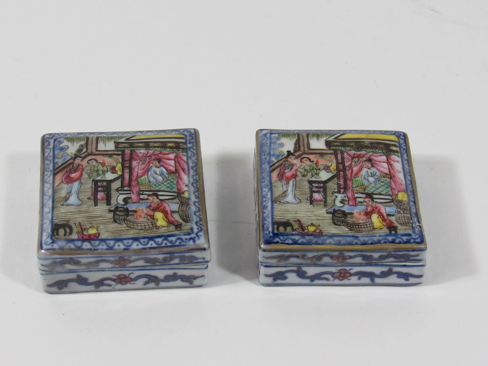 Appraisal: Pair of Square Porcelain Paste Boxes Chinese Six character Daoguang