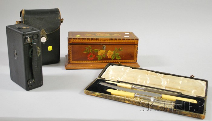 Appraisal: Cased Three-Piece Ivorine-Handled Carving Set a Parquetry and Painted Floral