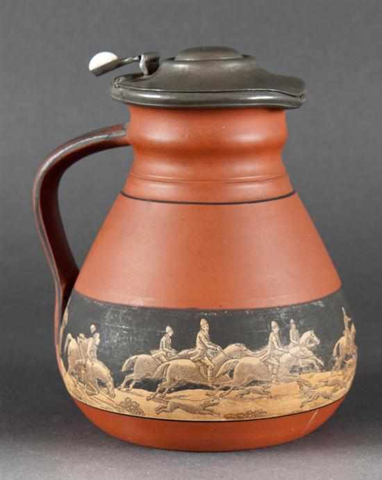 Appraisal: English pewter-mounted redware syrup jug second half- th century jug