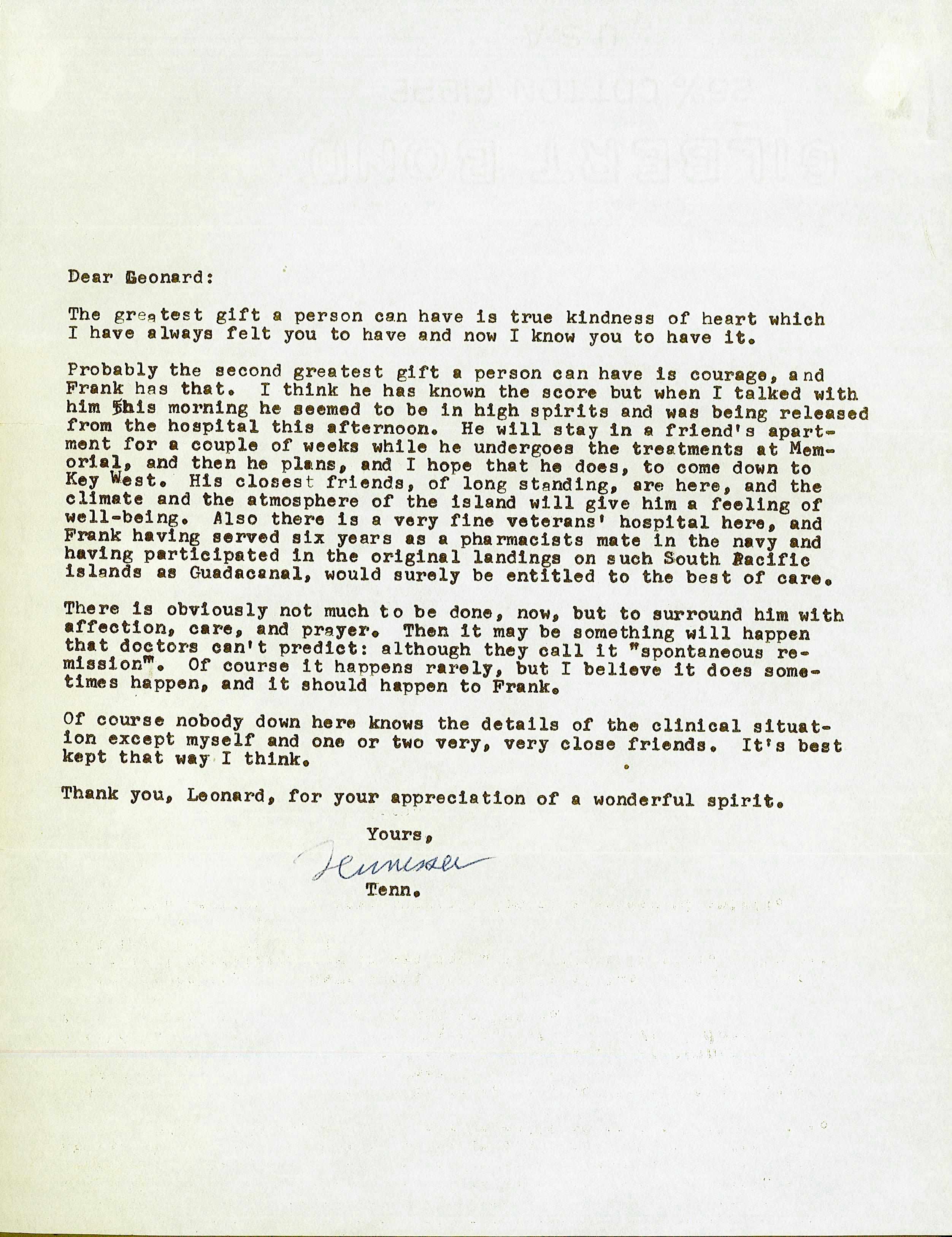 Appraisal: WILLIAMS TENNESSEE Typed Letter Signed ''Tennessee'' p to Key West