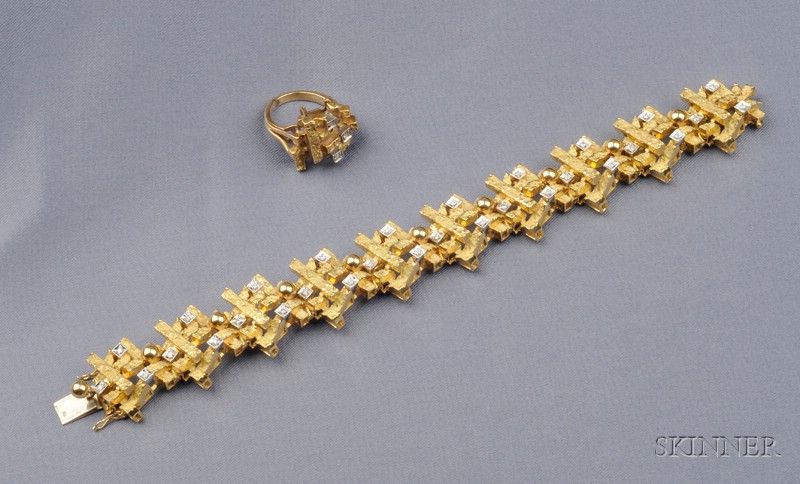 Appraisal: kt Gold and Diamond Bracelet and Ring of textured geometric