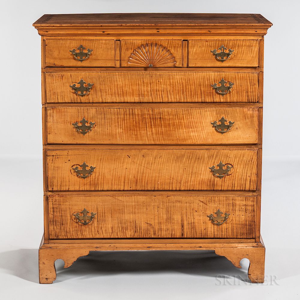 Appraisal: Carved Tiger Maple Tall Chest of Five Drawers Carved Tiger