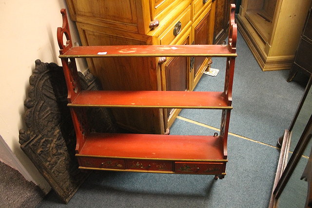 Appraisal: A SET OF RED EDWARDIAN CHIPPENDALE STYLE WALL SHELVES with