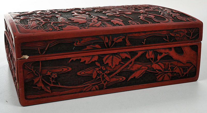 Appraisal: Large Chinese Carved Cinnabar Box th century carved lid depicting