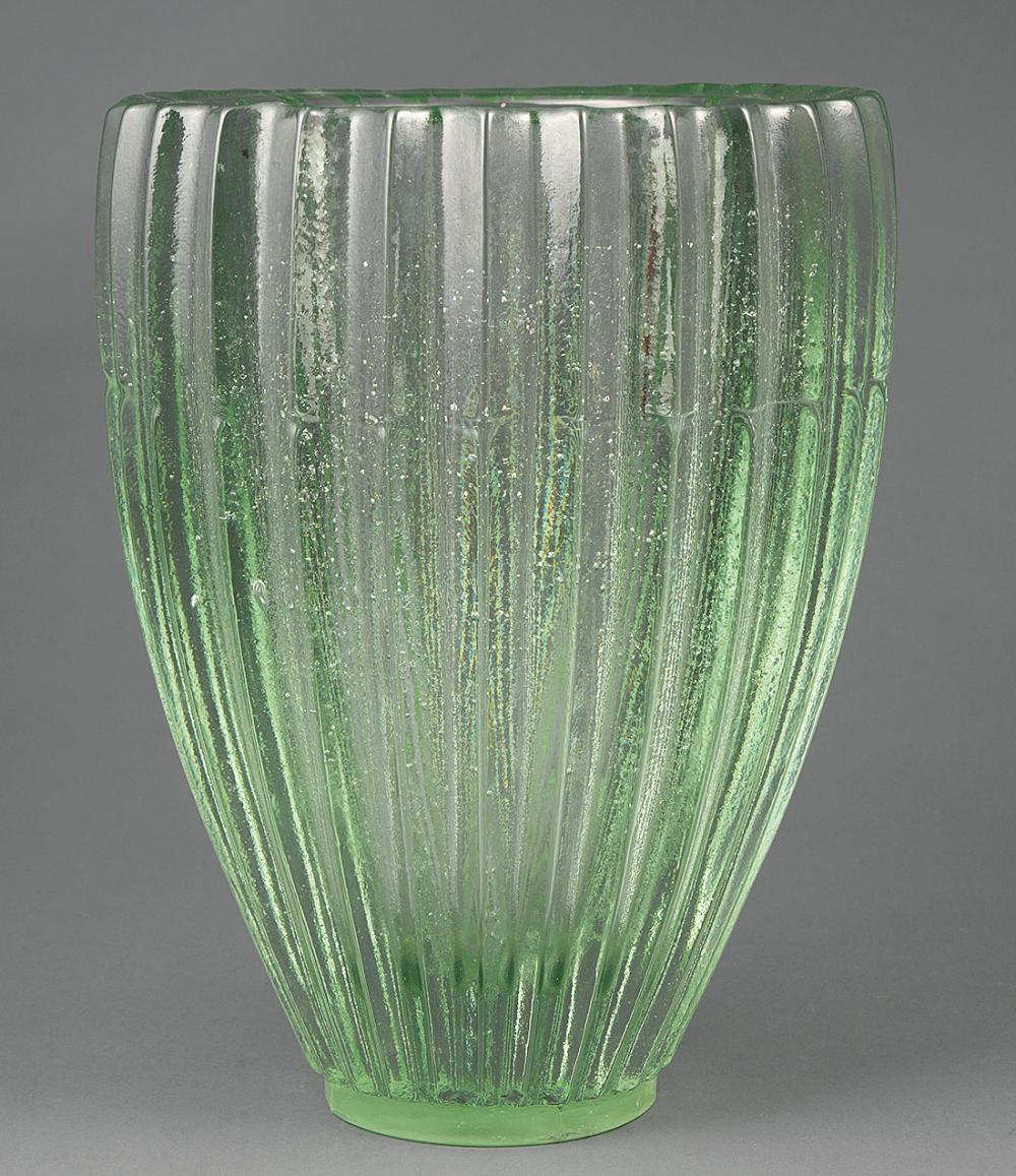 Appraisal: Large Studio Molded Glass Vase ovoid body with thick fluted