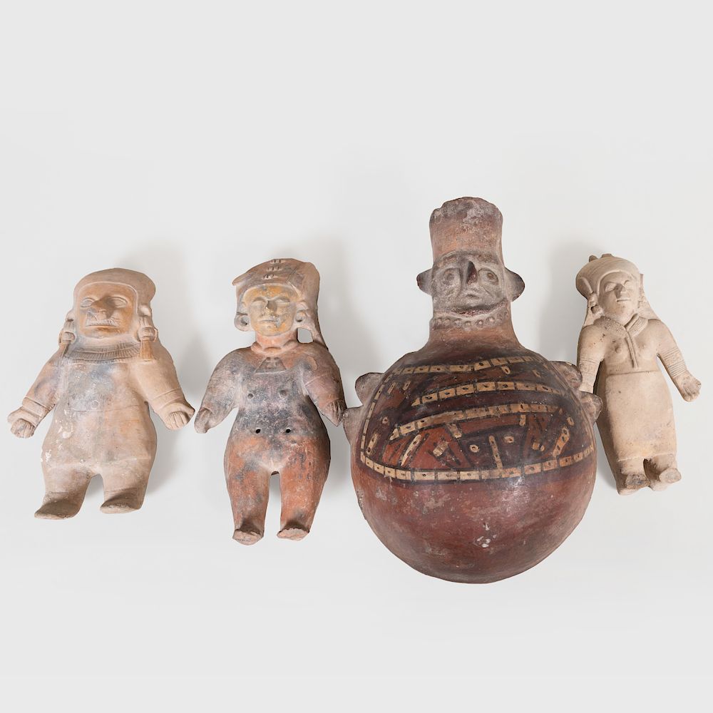 Appraisal: Three Jama Coaue Pottery Figures and Painted Pottery Vessel The