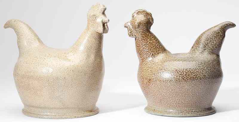 Appraisal: NC Pottery Pair of Charles Moore Chickenssalt glaze with ''orange