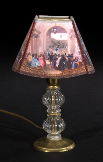 Appraisal: Diminutive French Brass and Ribbed Glass Lamp of candlestick form