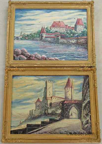 Appraisal: Two oil on canvas paintings of castles each signed l